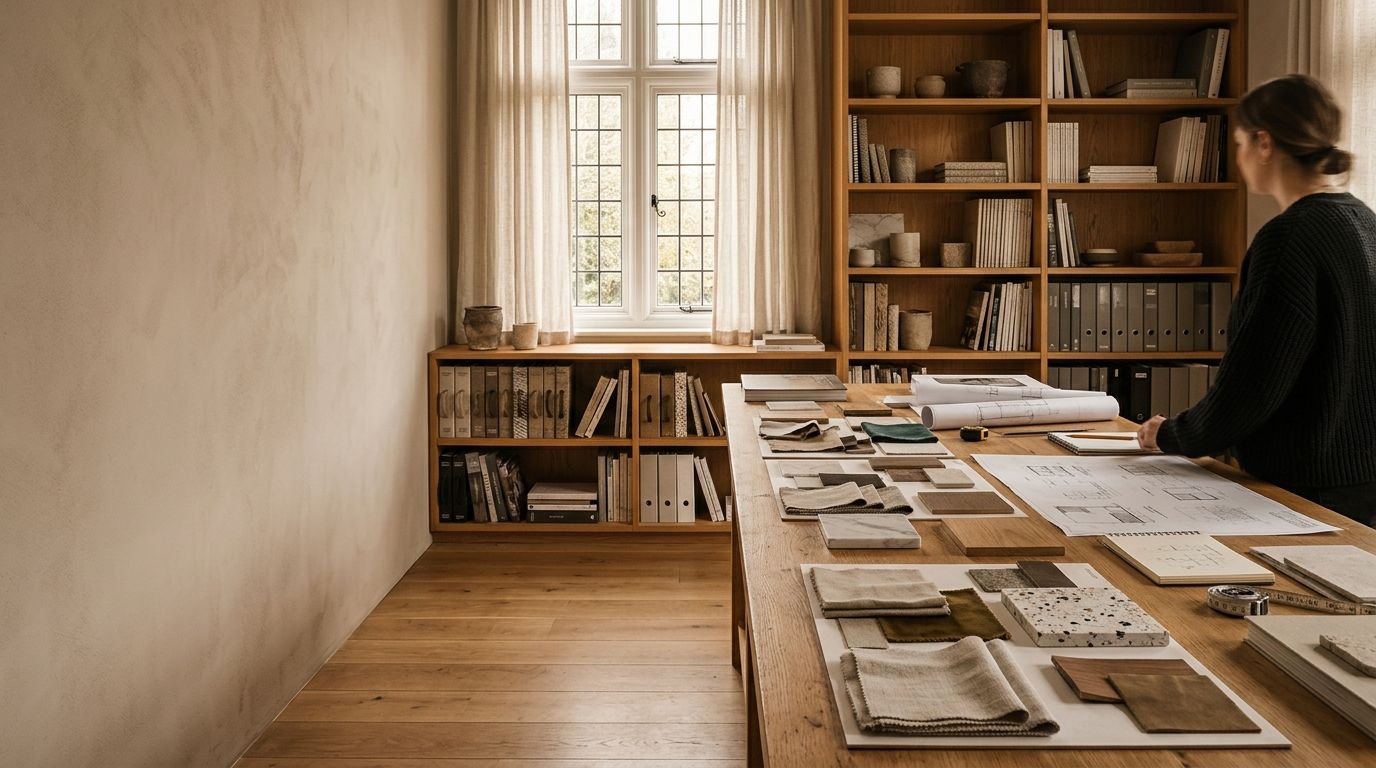 Design studio worktable covered in mood boards and samples
