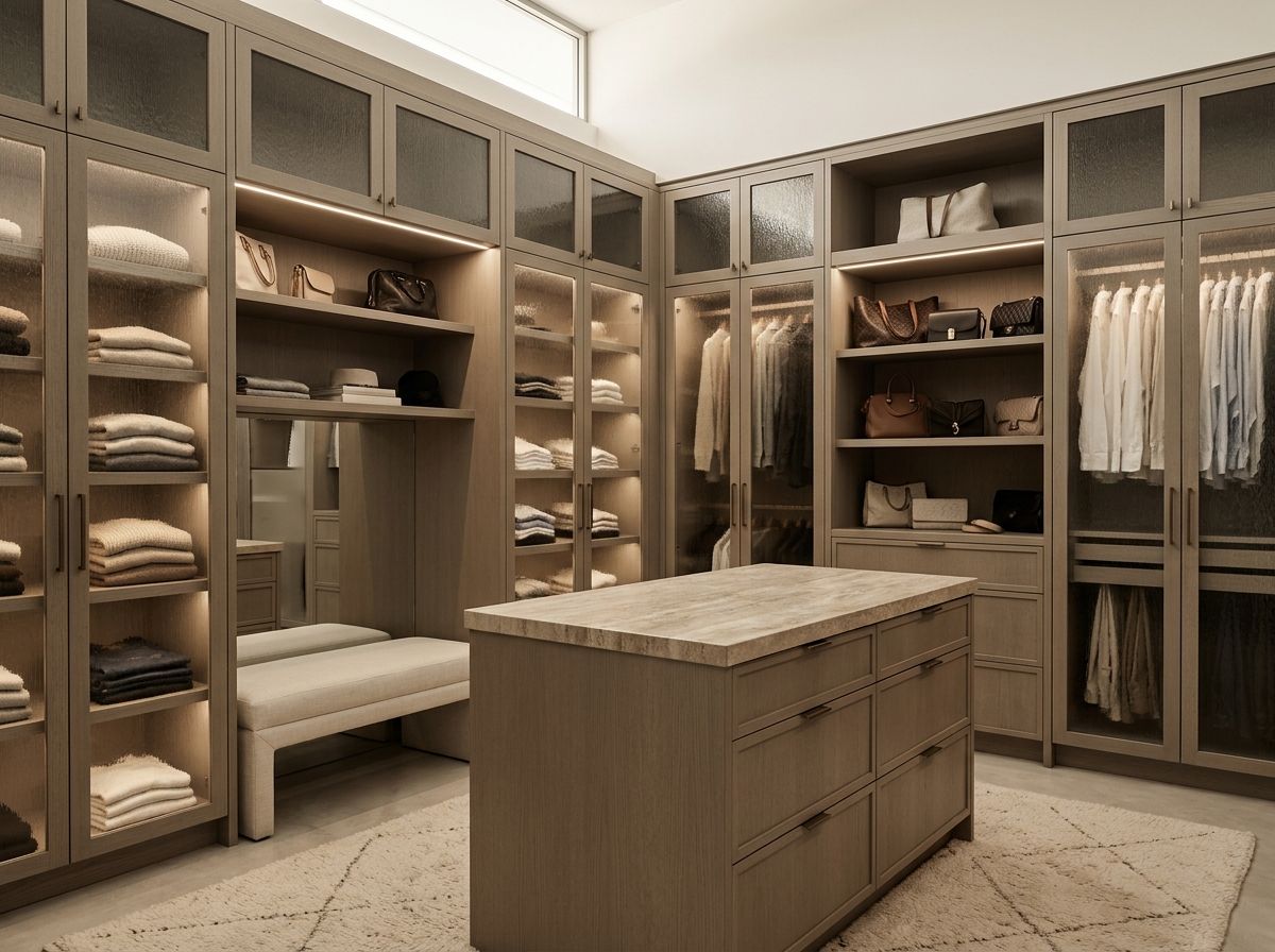 Walk-in wardrobe with a travertine-topped island