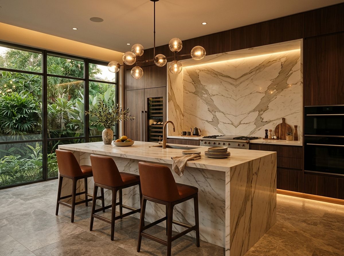 Modern luxury kitchen with a marble waterfall island