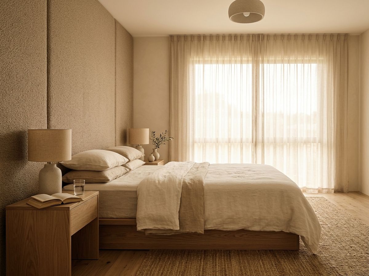 Calm Japandi bedroom with linen bedding